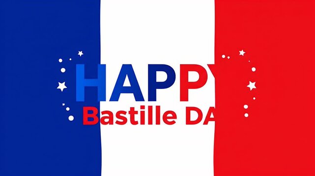 Happy Bastille Day text animation over the French flag background for national holiday celebration