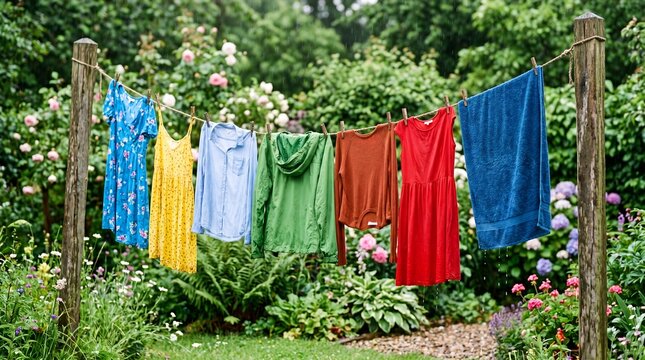 Colorful assorted clothes hanging on a laundry line in a lush garden during a gentle summer rain shower with vibrant flowers and greenery in the background