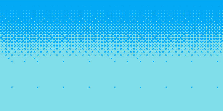 Wide simple blue sky pixel art background with a halftone pattern. 2D vector graphic. 8 bit Retro game level background. Vector Graphics. horizontal gradient.Eps10