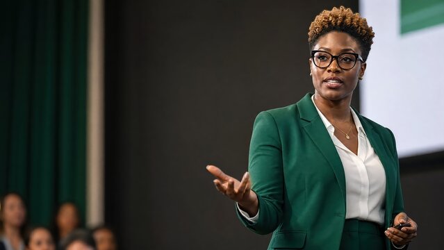 Generative AI, Confident Black Female Speaker Presenting with Open Hand Gesture on Stage