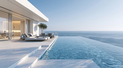 Obraz premium Modern luxury infinity pool overlooking calm ocean sea view