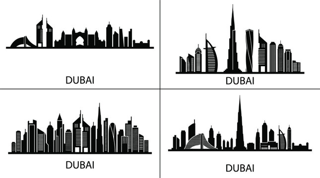 Dubai city skyline silhouette set featuring famous skyscrapers and modern buildings isolated on white background