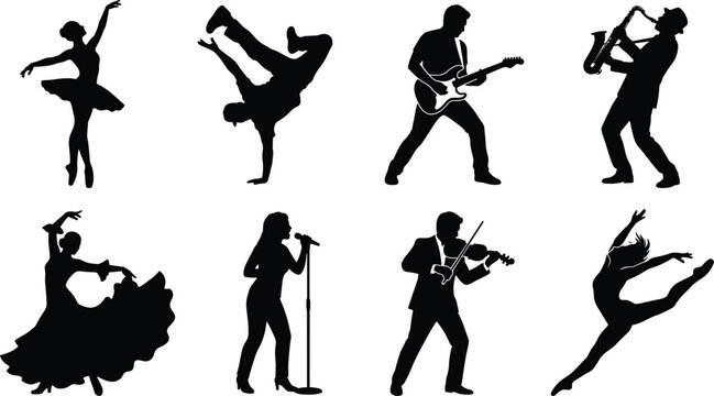Performing arts silhouettes set with dancers musicians singers ballet and breakdance artists isolated on white background