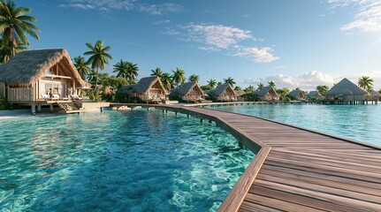 Obraz premium Tropical resort overwater villas and infinity pool by ocean