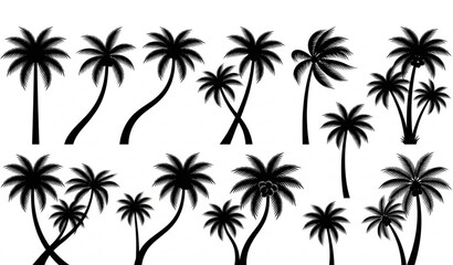 Fototapeta premium Vector Coconut Palm Tree Silhouettes Collection with Tropical Jungle Nature Elements on White Background