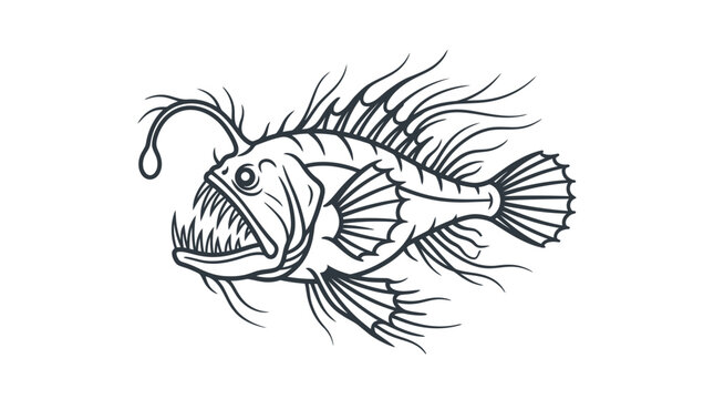 Scary deep sea anglerfish with glowing lure line art.