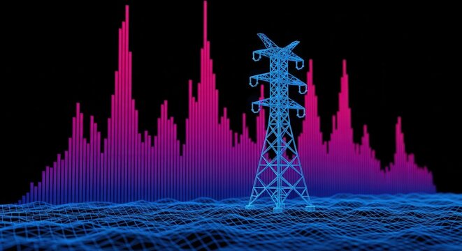 Neon electricity pylon tower in front of a digital purple city skyline illustration