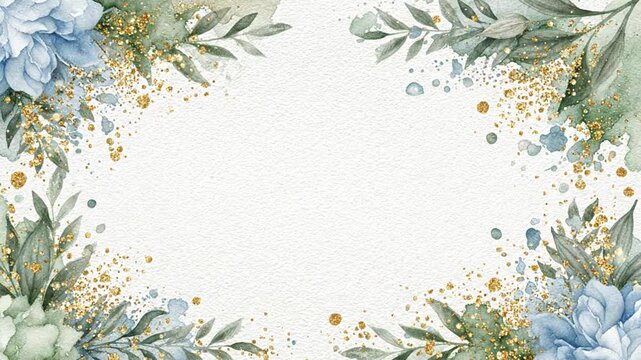 Elegant watercolor floral frame with soft blue flowers, green foliage, and golden decorative accents surrounding a clean white background.