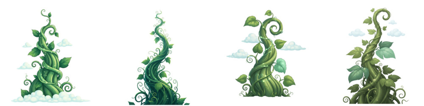Green beanstalk plants with leaves and clouds isolated on black background