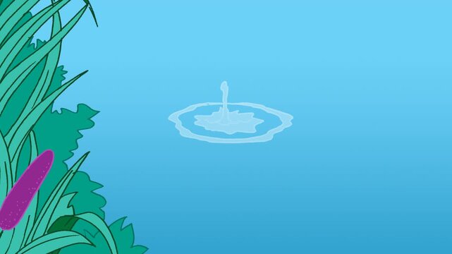 Cartoon river with water ripple effect and green grass on the bank