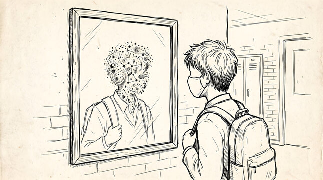 Student with a backpack looking at a mirror reflection of their head filled with stars and constellations