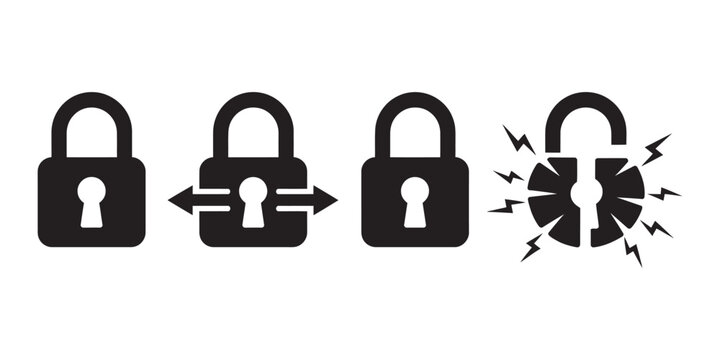 Cybersecurity Failure Icons Depicting Cracked Padlocks and Electrical Sparks for Data Breach Security Risks