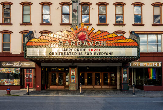 Poughkeepsie, NY - US - Jun 15, 2026 The historic Bardavon Opera House theater marquee with lights displaying a welcoming "Happy Pride 2026! Our theater is for everyone" message.