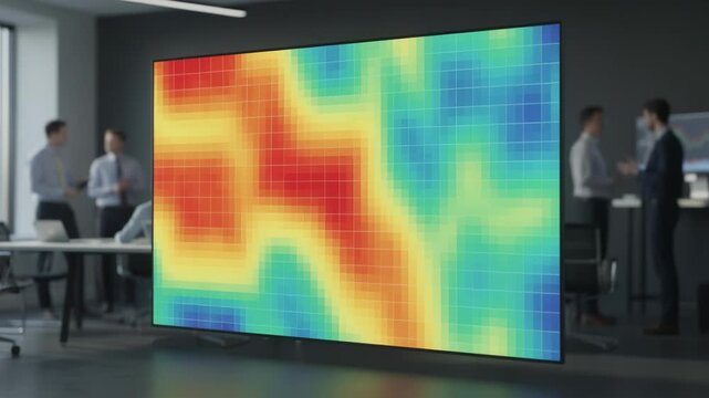 Medium shot focused on heatmap visualization of fund risk analysis with data scientists in the background out of focus analyzing results.