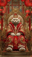 Fototapeta premium A regal cat wearing a golden crown and ornate robes sits on a throne, surrounded by red lanterns and traditional chinese