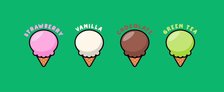 Ice cream cone set featuring strawberry, vanilla, chocolate, and green tea flavors. cute cartoon vector illustration perfect for dessert, menu, food, and summer themes