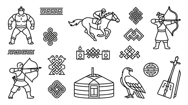 Traditional Mongolian warriors and symbols on horseback in a cultural landscape with yurt and musical instrument.