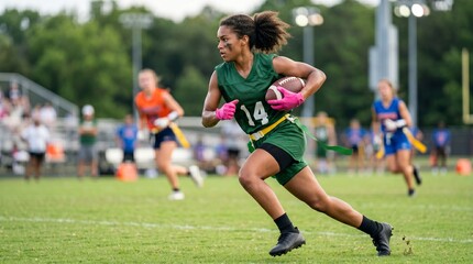 Obraz premium African american flag football player running with ball on outdoor field. Female athlete sprinting during competitive flag football game with teamwork and sports training.
