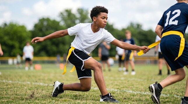 African american teen reaching for yellow flag during outdoor flag football practice on grassy field. Young athlete training with teammates in a competitive youth sports drill.