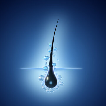 Hair strand with blue bubble drops, Vitamin oil hair serum, 3D rendering