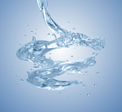 Water spiral with water droplets isolated on bright background, 3D rendering