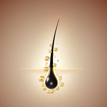 Vitamin oil hair serum, Hair strand with golden bubble drops, 3D rendering