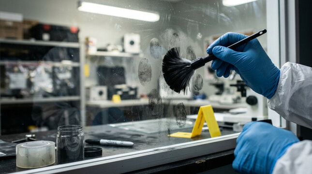 Forensic scientist dusting for fingerprints on glass