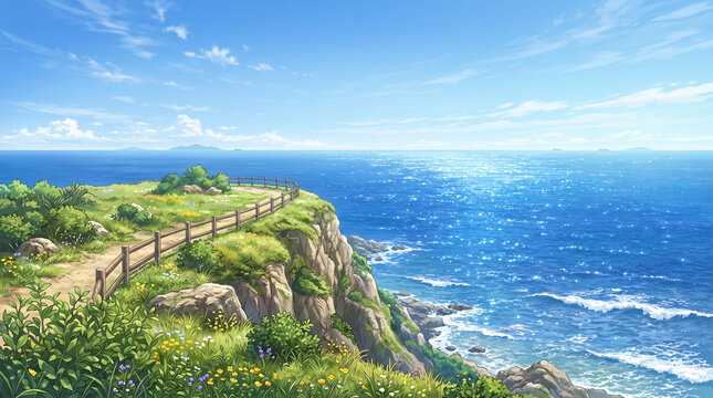 高台から広がる海を見渡す壮大な夏の自然イラストです。
深い青色の海と広い空が開放感を演出しています