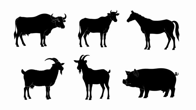 Farm Animal Silhouettes Collection: Cow, Horse, Pig, Goat, Buffalo