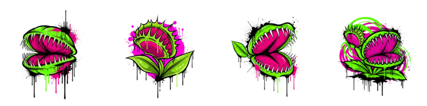 Neon graffiti style set of carnivorous venus flytrap plants on black