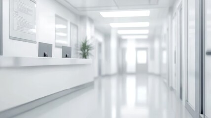 Fototapeta premium Blurred modern hospital reception area interior with white desk and clinical corridor pathway for professional medical facility backgrounds.