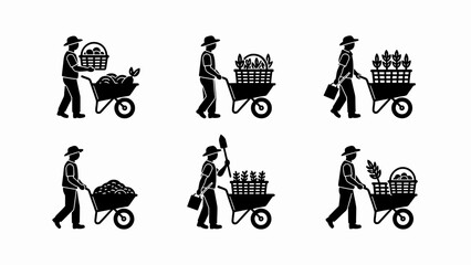Farmers with Wheelbarrows Full of Harvested Crops and Produce Icons © dahono