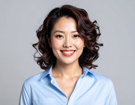 Smiling Young Woman with Curly Hair Posing in Light Blue Shirt on Gray Studio Background