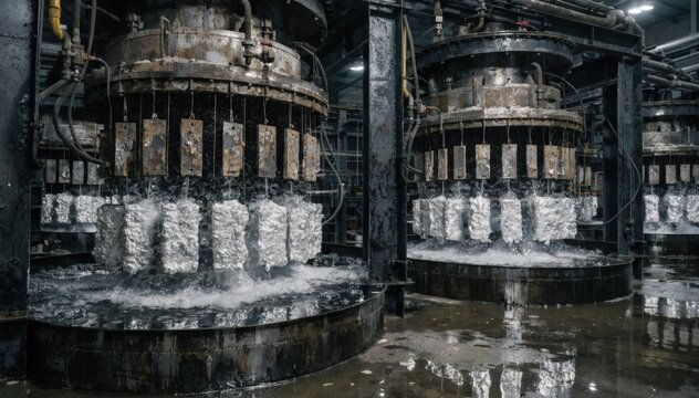 Industrial view of silver electrolytic refining tanks capturing rugged metal framework and bubbling electrolytes as anodes dissolve and cathodes grow pure silver deposits.