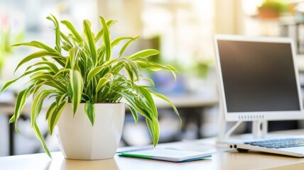 Fototapeta premium Small potted plant on modern office desk beside computer monitor for productive workplace decoration.