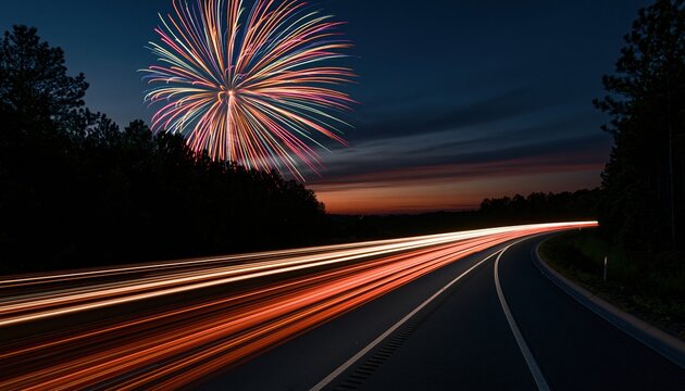 Fireworks over a winding highway with long exposure light trails