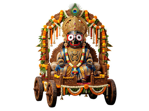 Lord jagannath deity on a decorated wooden chariot, isolated on transparent background