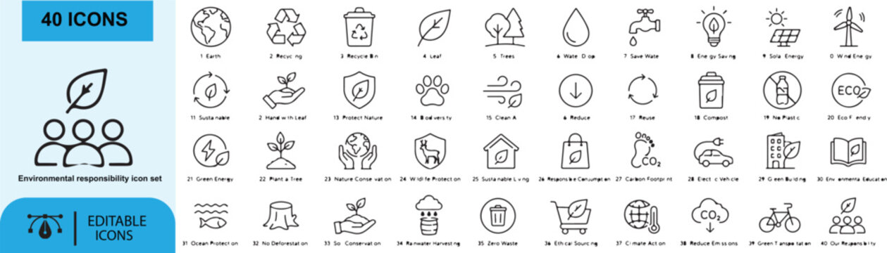 Environmental responsibility icons Each icon will be different, create a vector outline icons using white background and black color