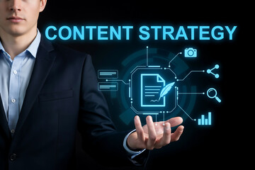 Obraz premium Businessman Cupping Hand Under Virtual Content Strategy Text and Digital Icons for Media Marketing Optimization SEO Article Writing Blog Planning and Corporate Brand Growth