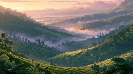 Fototapeta premium Misty mountain valley landscape at sunrise with terraced fields