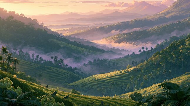 Misty mountain valley landscape at sunrise with terraced fields