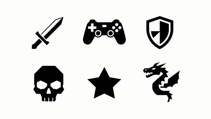 Video Game Icons: Sword, Controller, Shield, Skull, Star, Dragon © Dedu