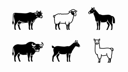 Farm Animal Icons Set: Cow, Sheep, Horse, Bull, Goat, Llama © Dedu