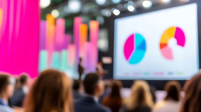 Business conference presentation featuring colorful data charts and graphs on large screen to professional audience.
