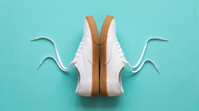 Pair of classic white canvas sneakers with gum rubber soles on a bright turquoise background. Flat lay, top view, minimalist fashion concept.