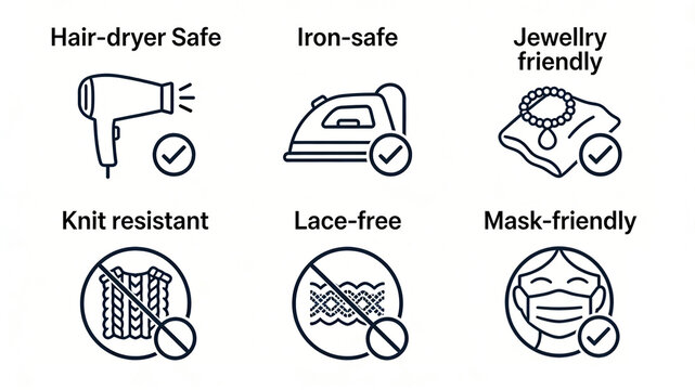 Six clothing friendly icons represent safe blowing and ironing, compatible with jewelry masks, anti snagging concept, and suitable for labeling beauty accessories.
