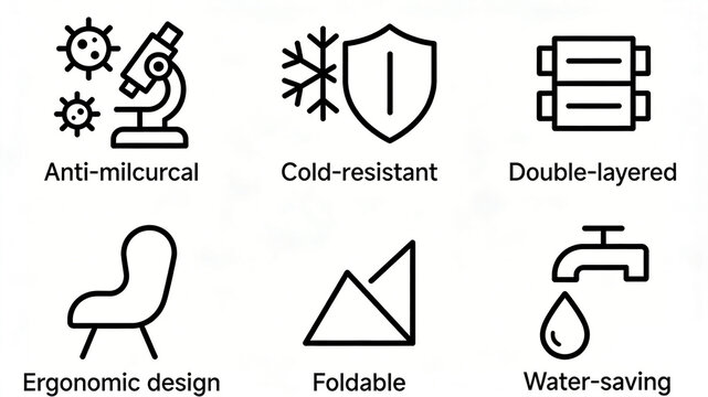 Six linear home design icons representing antibacterial, cold resistant, water-saving, folding, and ergonomic concepts, suitable for labeling kitchen, bathroom, and home products.
