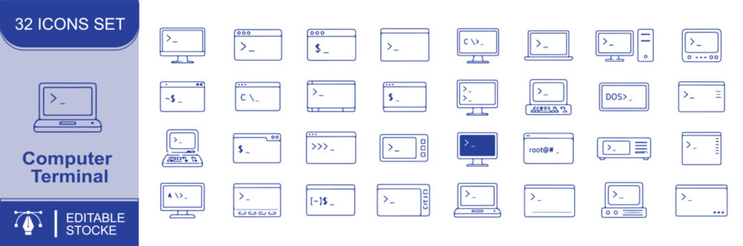 Set of 32 Computer Terminal icons Each icon will be different, create a vector outline icons using white background and black color