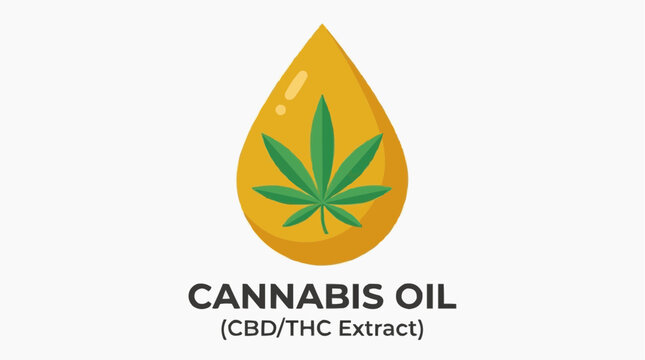 Cannabis oil drop with marijuana leaf symbol and text CBD THC extract