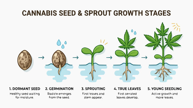 Cannabis Seed and Sprout Growth Stages from Dormant Seed to Young Seedling